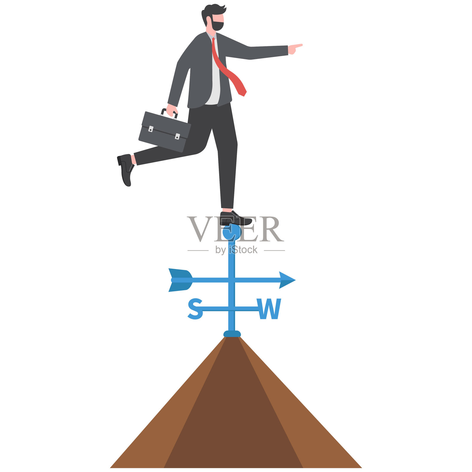 取得成功的商业方向,领导力和远见的概念,聪明的商人站在屋顶上的风向标上指向胜利的方向。插画图片素材