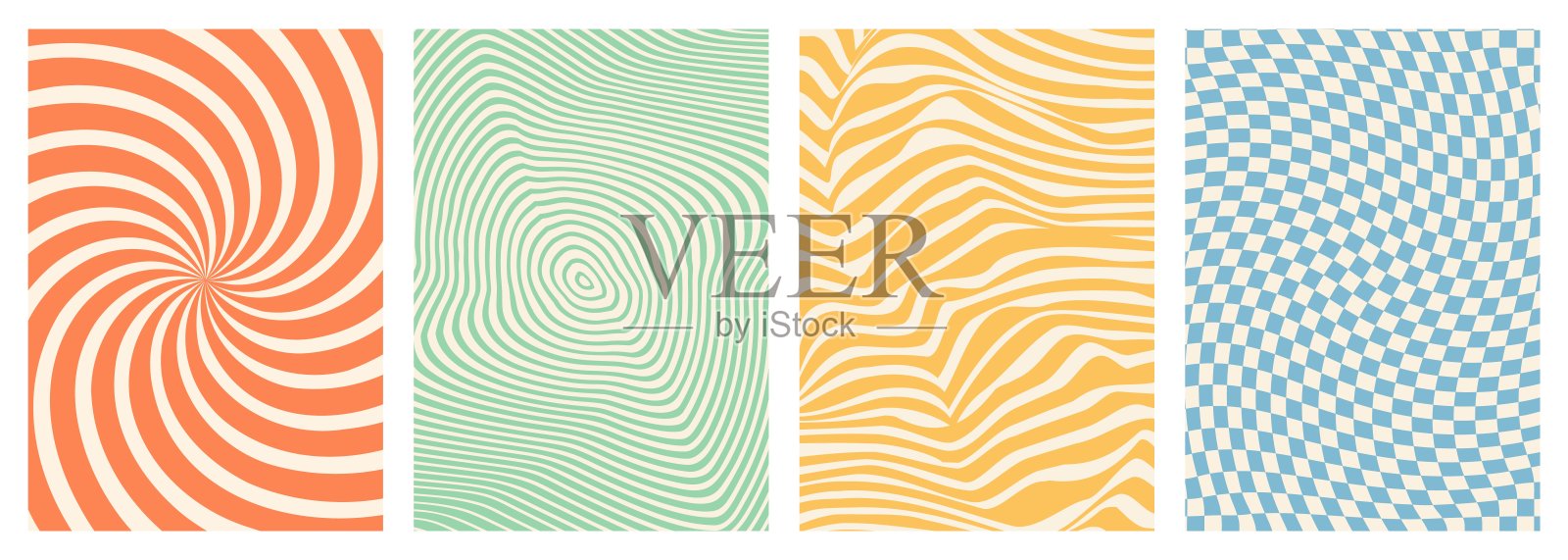 扭曲和扭曲的矢量groovy嬉皮士背景。波浪,漩涡,旋转的图案。一套时尚复古迷幻风格的背景。矢量图插画图片素材