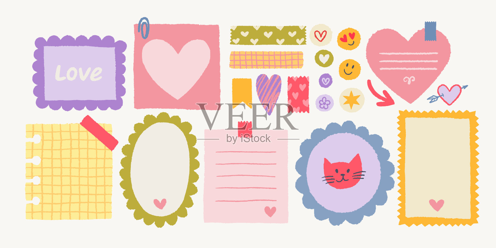 贴纸上的纸质情人节备忘录便笺:带有撕裂边缘的矢量复古便笺和页面插画图片素材