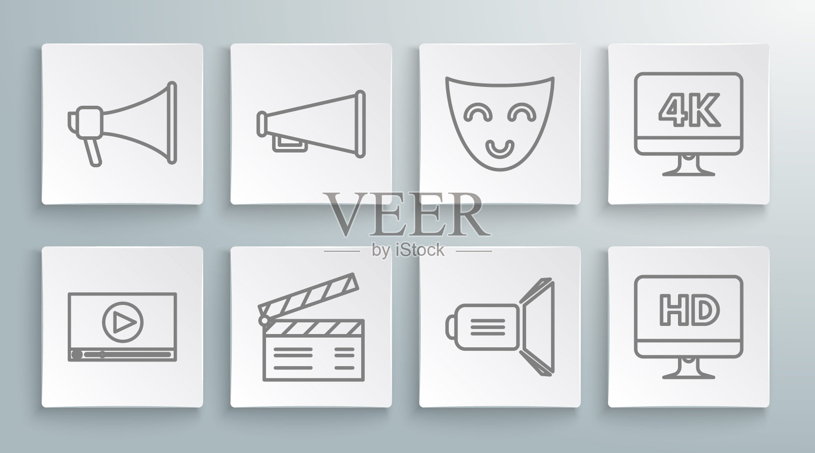 在线播放视频,扩音器,电影拍板,聚光灯,电脑PC显示器与高清技术,喜剧戏剧面具,4k和图标。向量插画图片素材