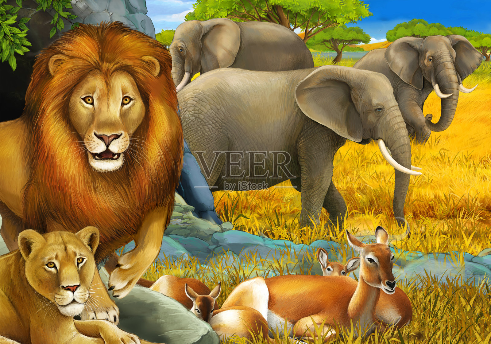 卡通狩猎场景,狮子休息和大象在草地上为儿童插图插画图片素材