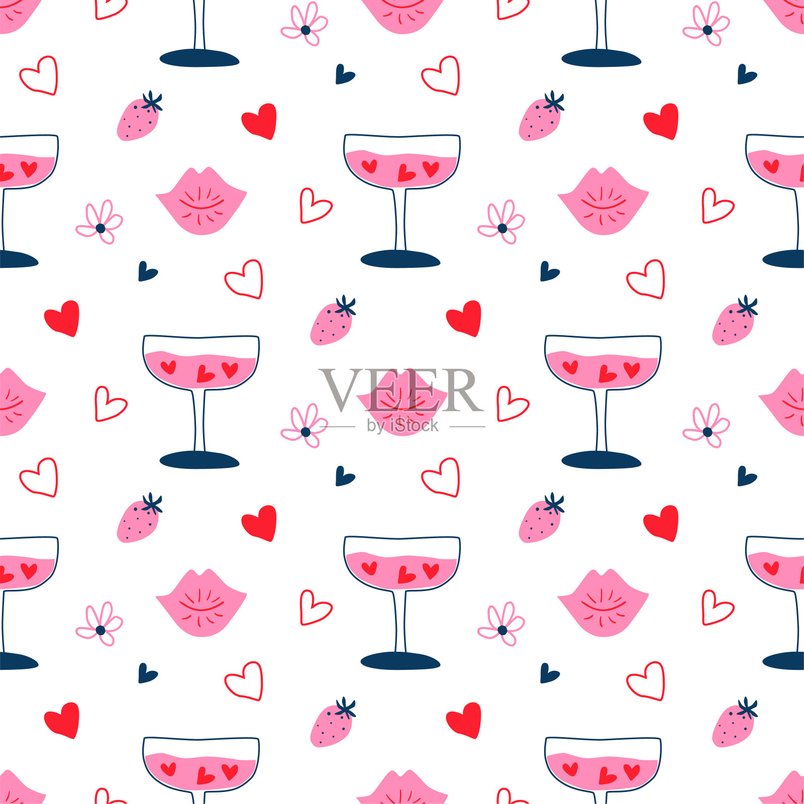 粉色涂鸦爱无缝图案情人节。矢量浪漫鸡尾酒,心,唇,吻重复的背景插画图片素材