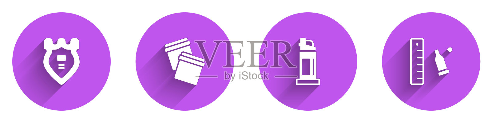 设置警察徽章,塑料袋与自封,胡椒喷雾和弹壳尺图标长阴影。向量插画图片素材