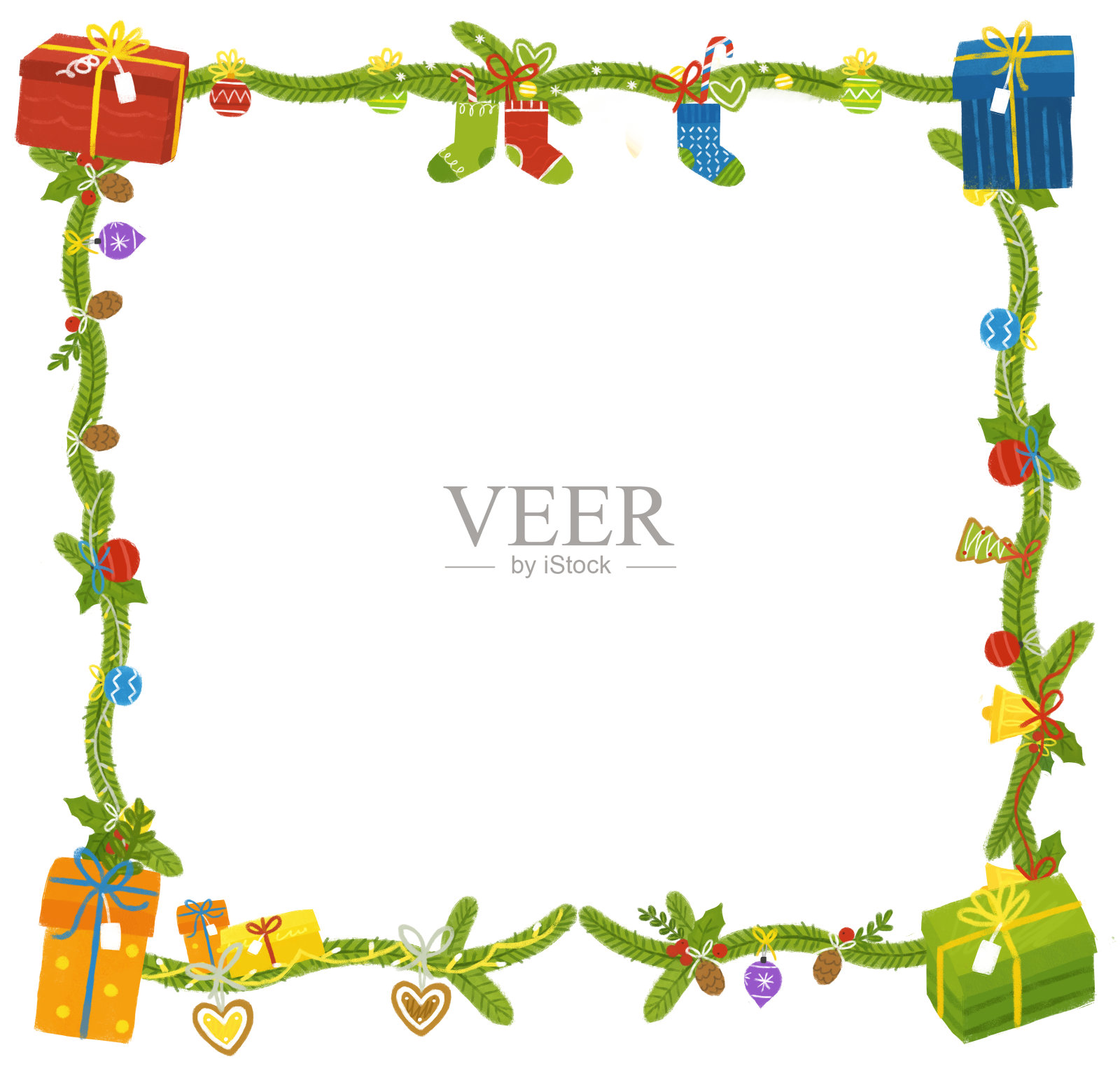 卡通场景与圣诞派对装饰品从自然像松果树枝冷杉框架边框插图的孩子插画图片素材