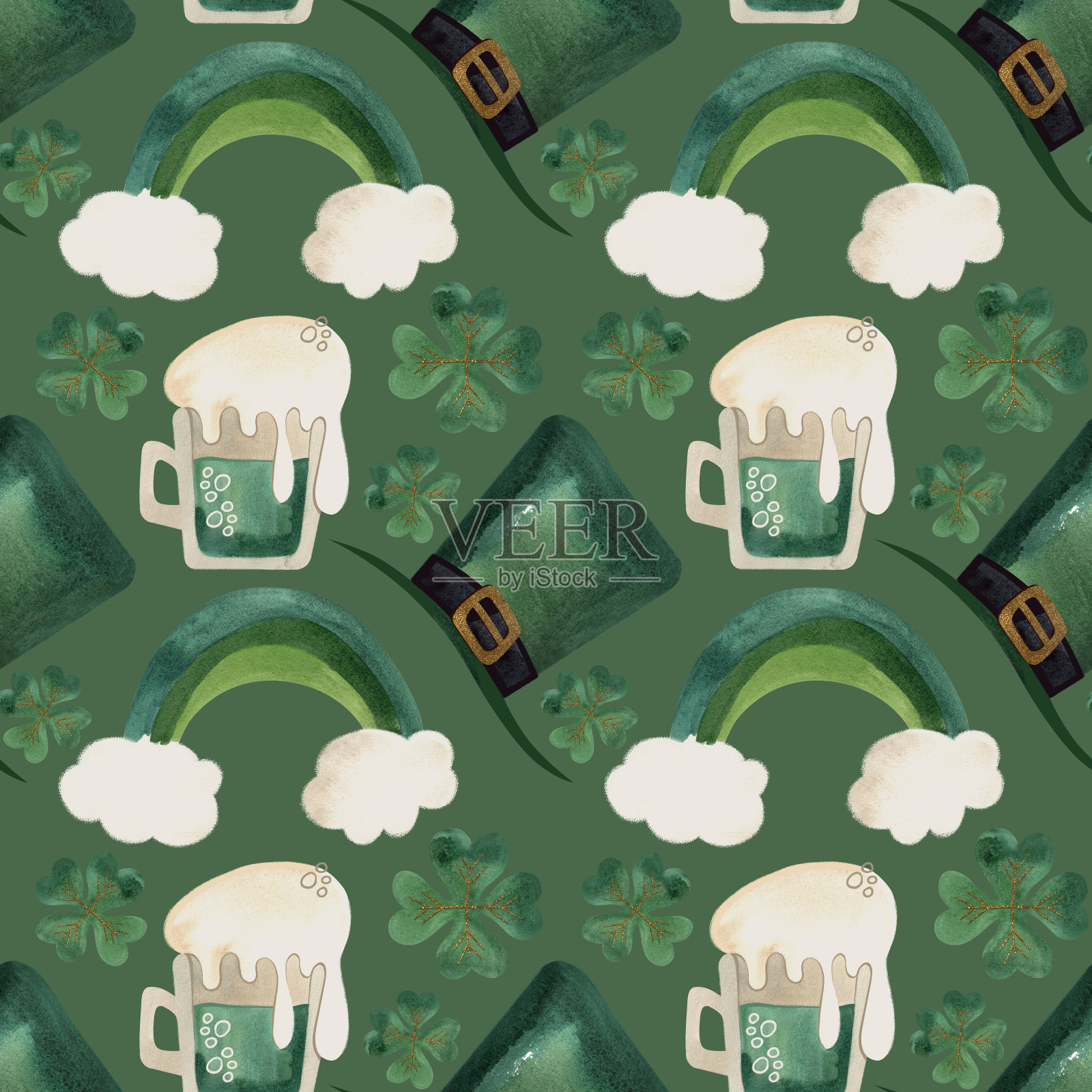 无缝图案与爱尔兰的象征。圣帕特里克节的包装纸。水彩画在一个绿色的背景上的复古风格。插画图片素材