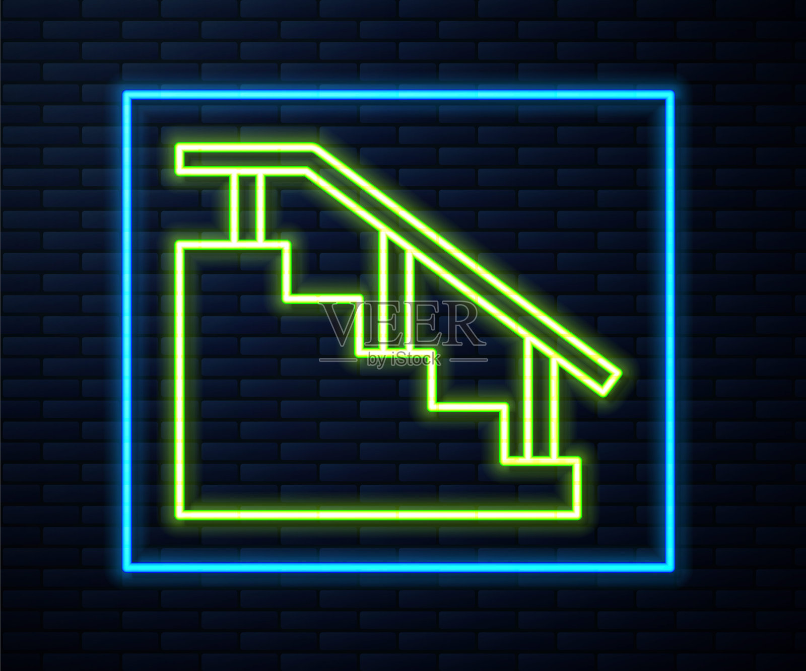 发光的霓虹灯线滑板楼梯与轨道图标隔离在砖墙背景。向量插画图片素材