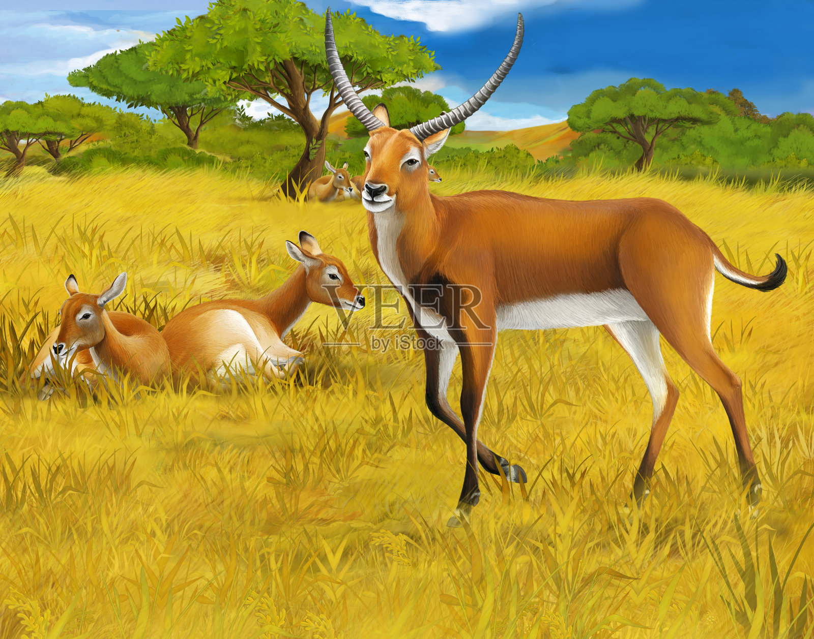 卡通场景与科巴荔枝在草地狩猎插图儿童插画图片素材