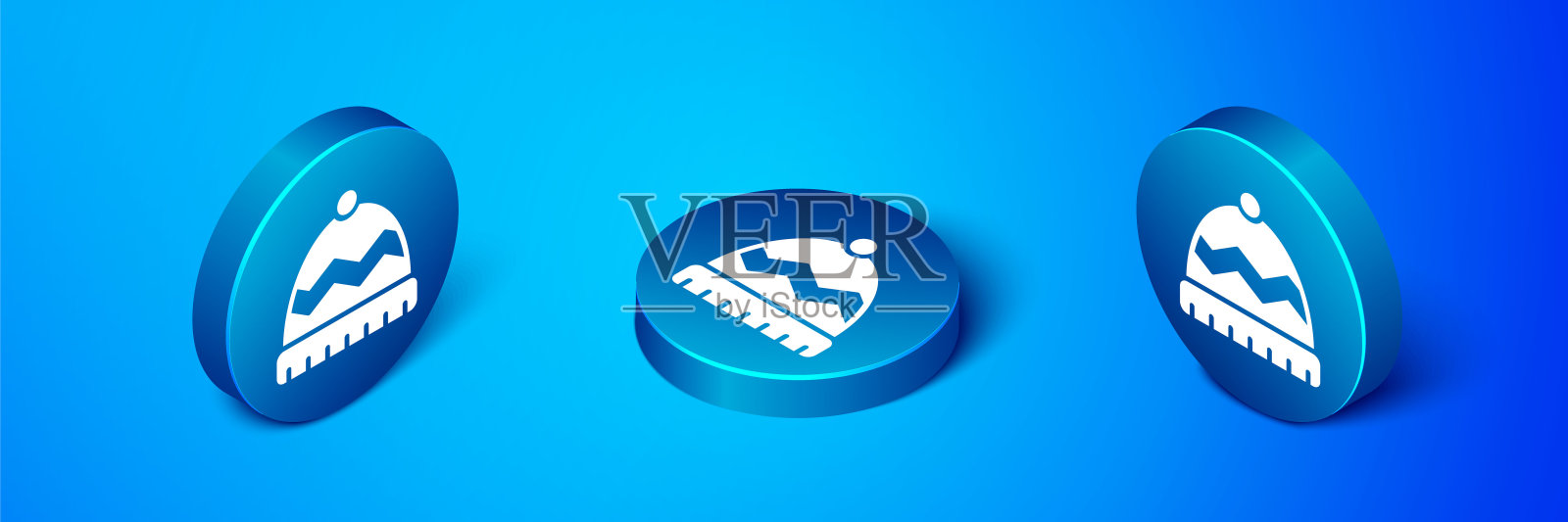 等距冬季帽子图标隔离在蓝色背景。蓝色圆圈按钮。向量插画图片素材