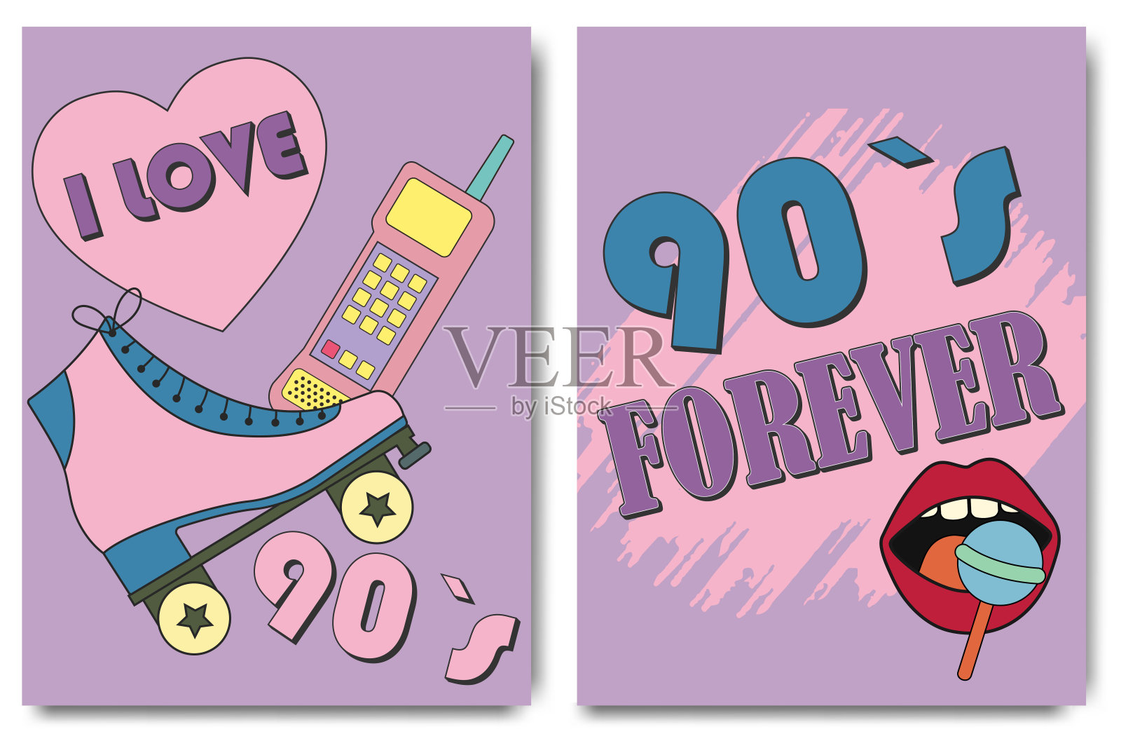 90年代foreve。90年代的平面设计模板。海报模板与快乐的九十年代符号,新粗野主义,游戏手柄和设备,耳机和其他复古流行文化标志插画图片素材