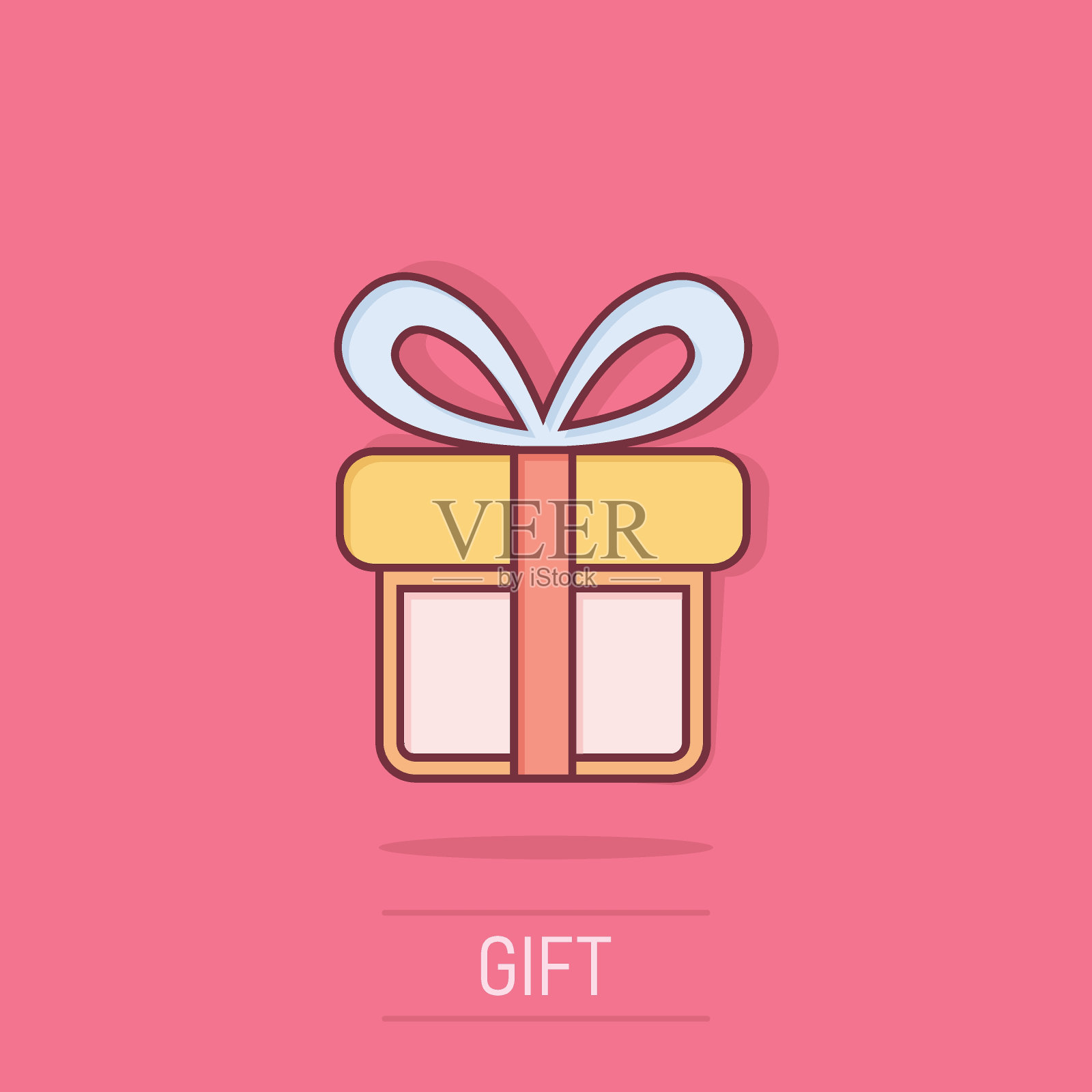 在漫画风格的礼盒图标。目前的包装矢量卡通插图上孤立的背景。惊喜经营理念的飞溅效应。插画图片素材