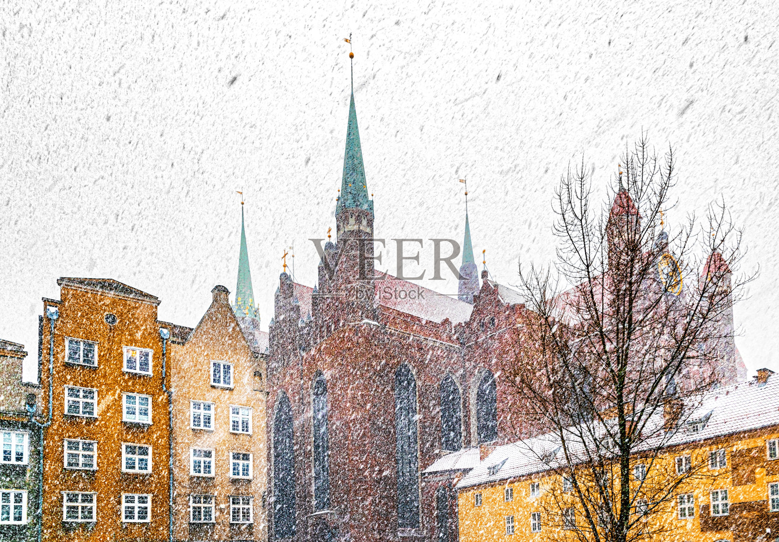 格但斯克历史上的冬季城市景观照片摄影图片