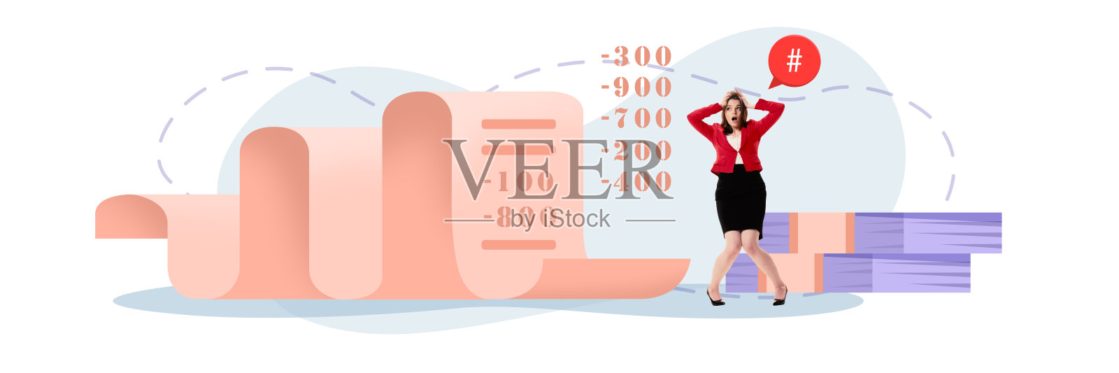 横幅。当代艺术拼贴。女孩震惊地把手放在头上,因为她看到了每月需要支付的巨额账单。照片摄影图片