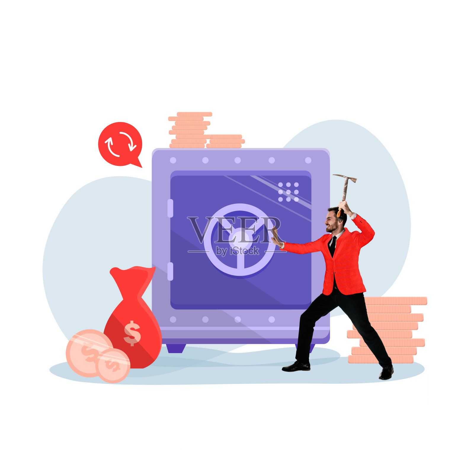 当代艺术拼贴。财务安全。腐败。西装革履拿着斧头的年轻人想用别人的存款打开保险箱。照片摄影图片