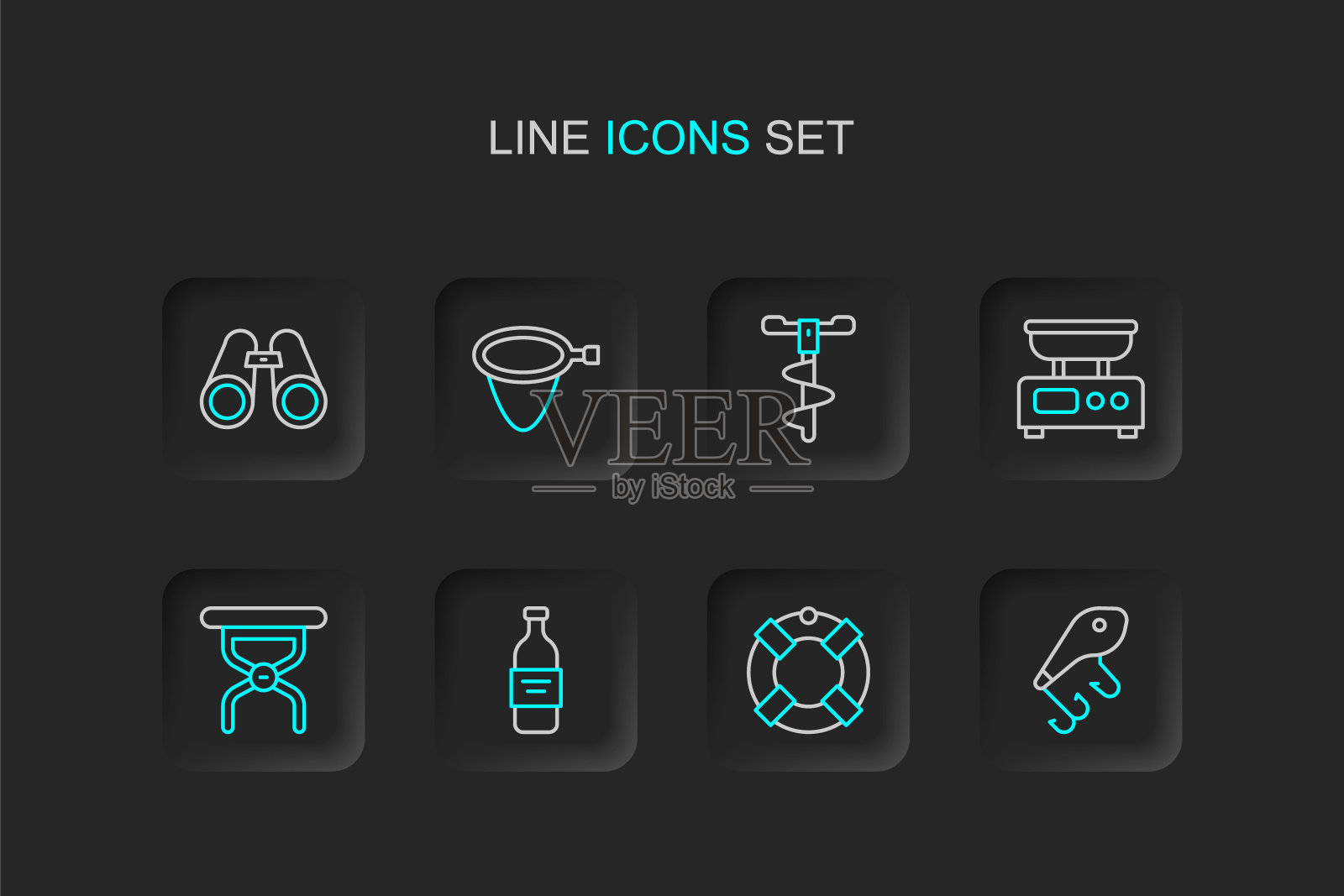 鱼饵,救生圈,伏特加酒,野营折叠椅,电子秤,手钻冰,网和双筒望远镜图标。向量插画图片素材