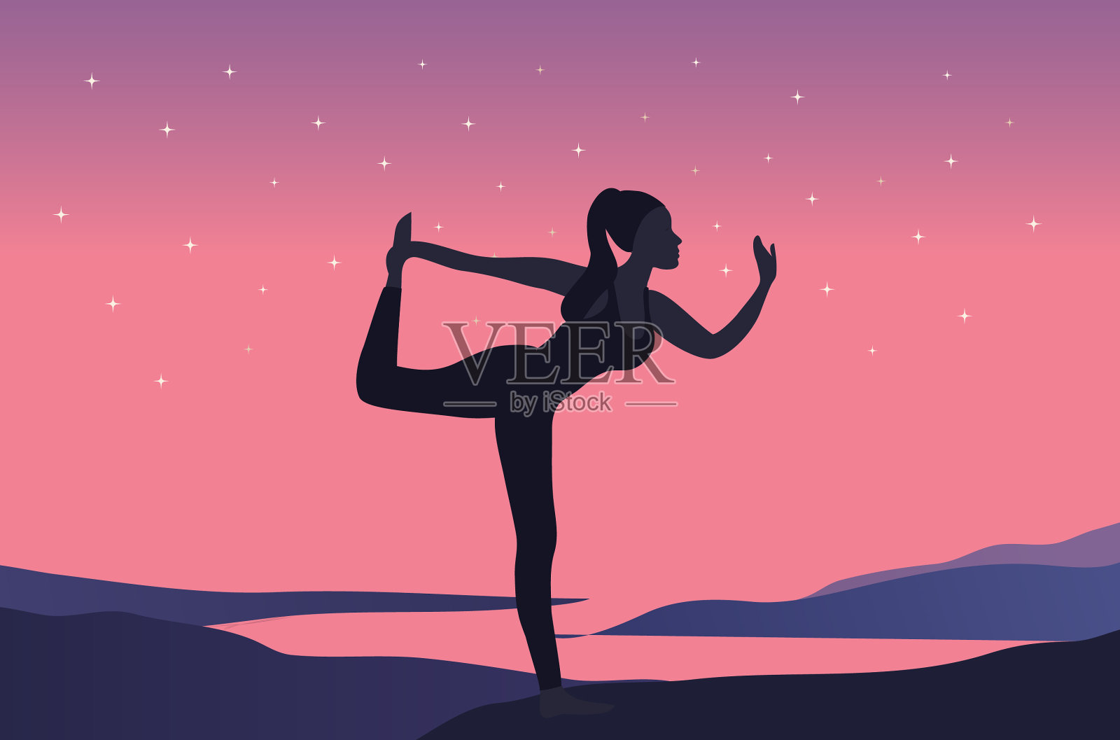 美丽的女人做瑜伽练习在海滩矢量插图。健康生活方式锻炼概念插画图片素材