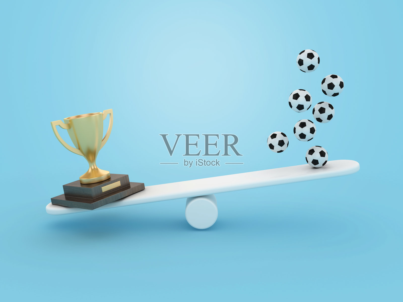 3D奖杯与足球在跷跷板上照片摄影图片
