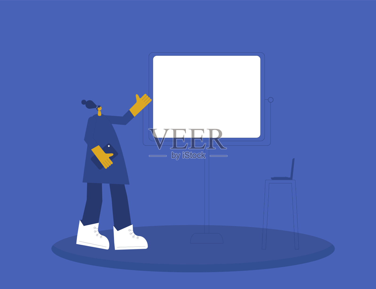 演示。年轻女子站在白板旁边做报告。商务会议。矢量平面插图。插画图片素材