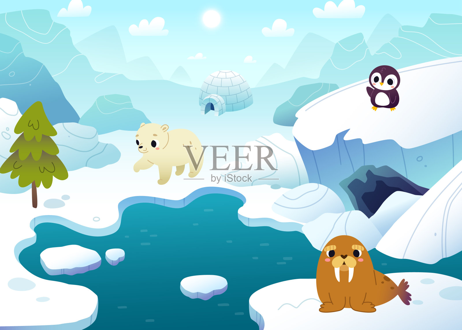 卡通北极景观与可爱的动物。北方矢量背景与可爱的小动物。插画图片素材