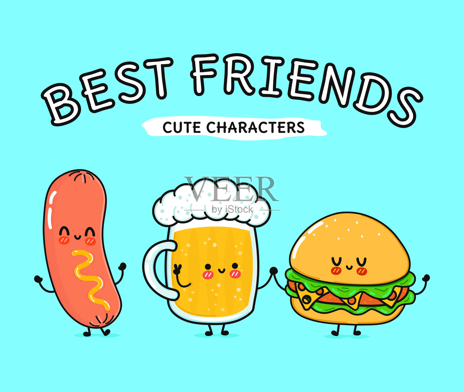 可爱,有趣,快乐的一杯啤酒,汉堡香肠插画图片素材