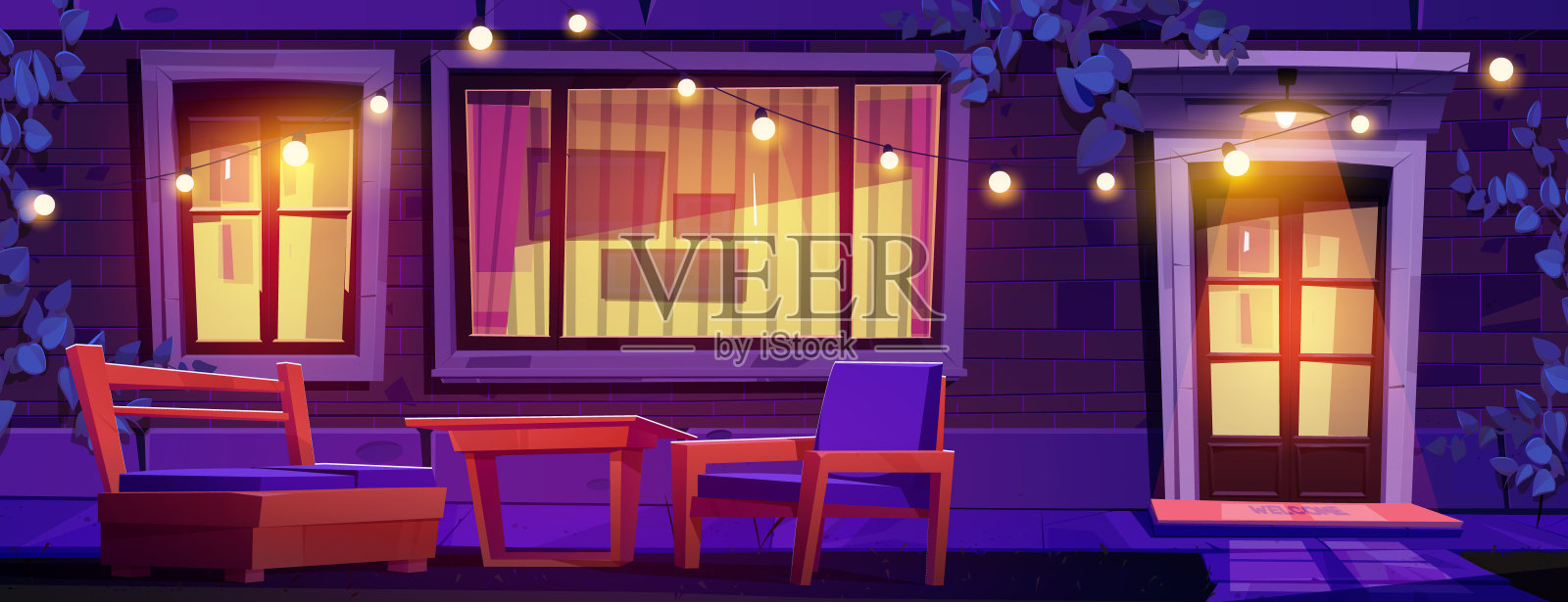 夜屋门廊和门与窗口矢量插画图片素材