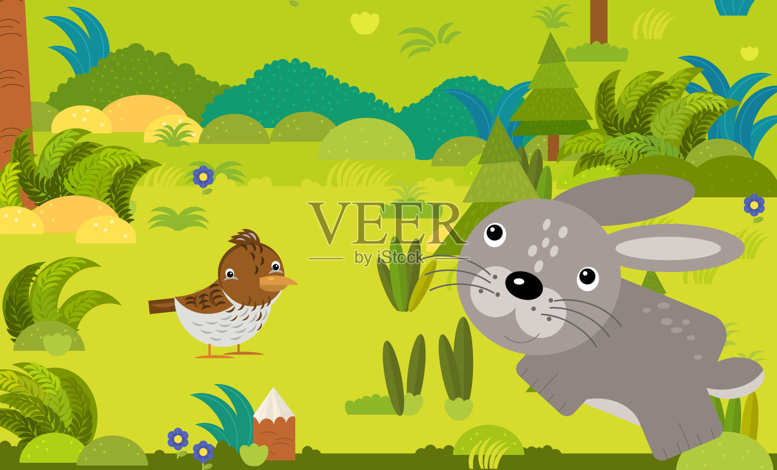 卡通场景与不同的欧洲动物在森林插图插画图片素材