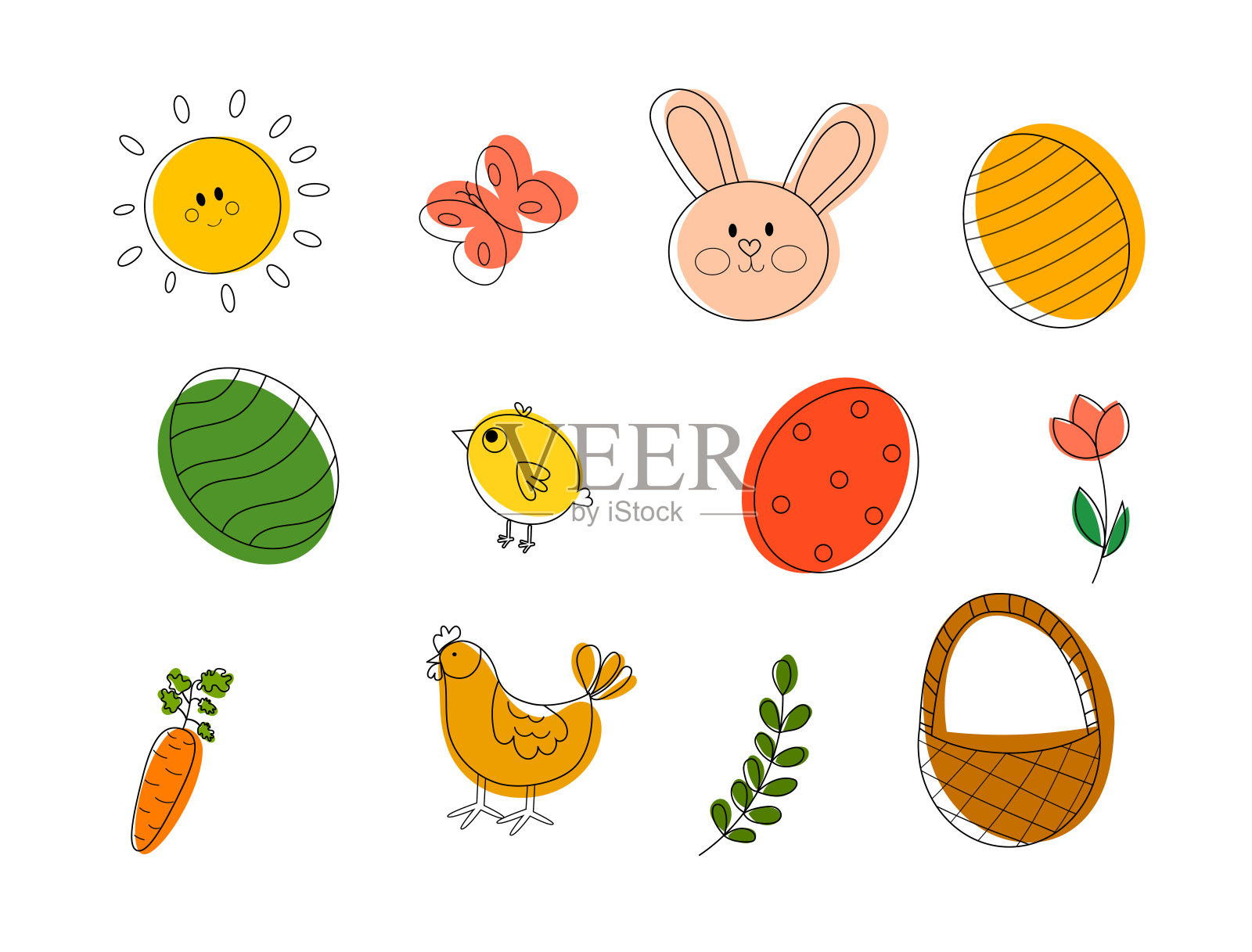 复活节快乐涂鸦套装。矢量插图。插画图片素材