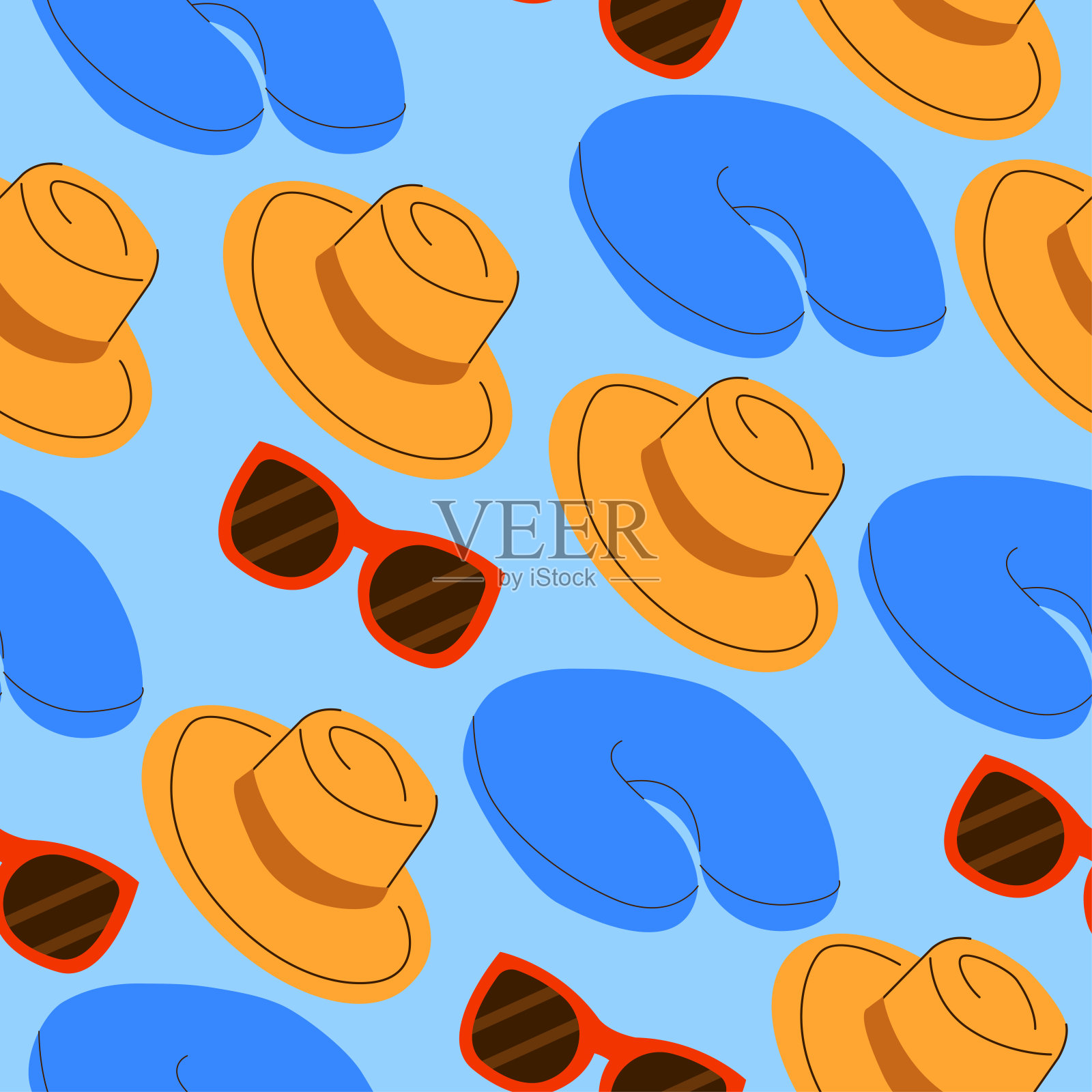 简单的矢量插图无缝旅行模式,旅行集,眼镜,帽子,枕头插画图片素材