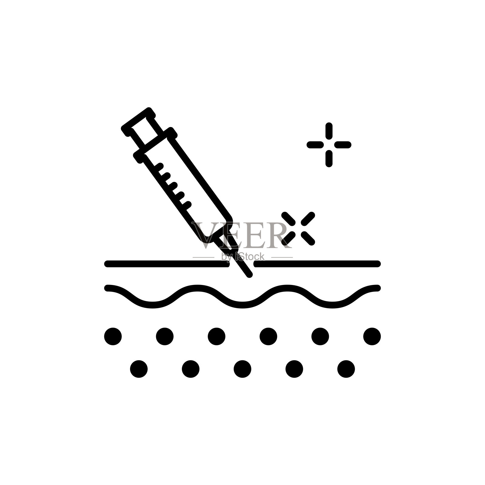 皮肤注射线图标。皮肤线性象形图的注射器与结构。采购产品医疗,皮肤病治疗疫苗,填料,透明质酸轮廓图标。可编辑的中风。孤立矢量插图。插画图片素材