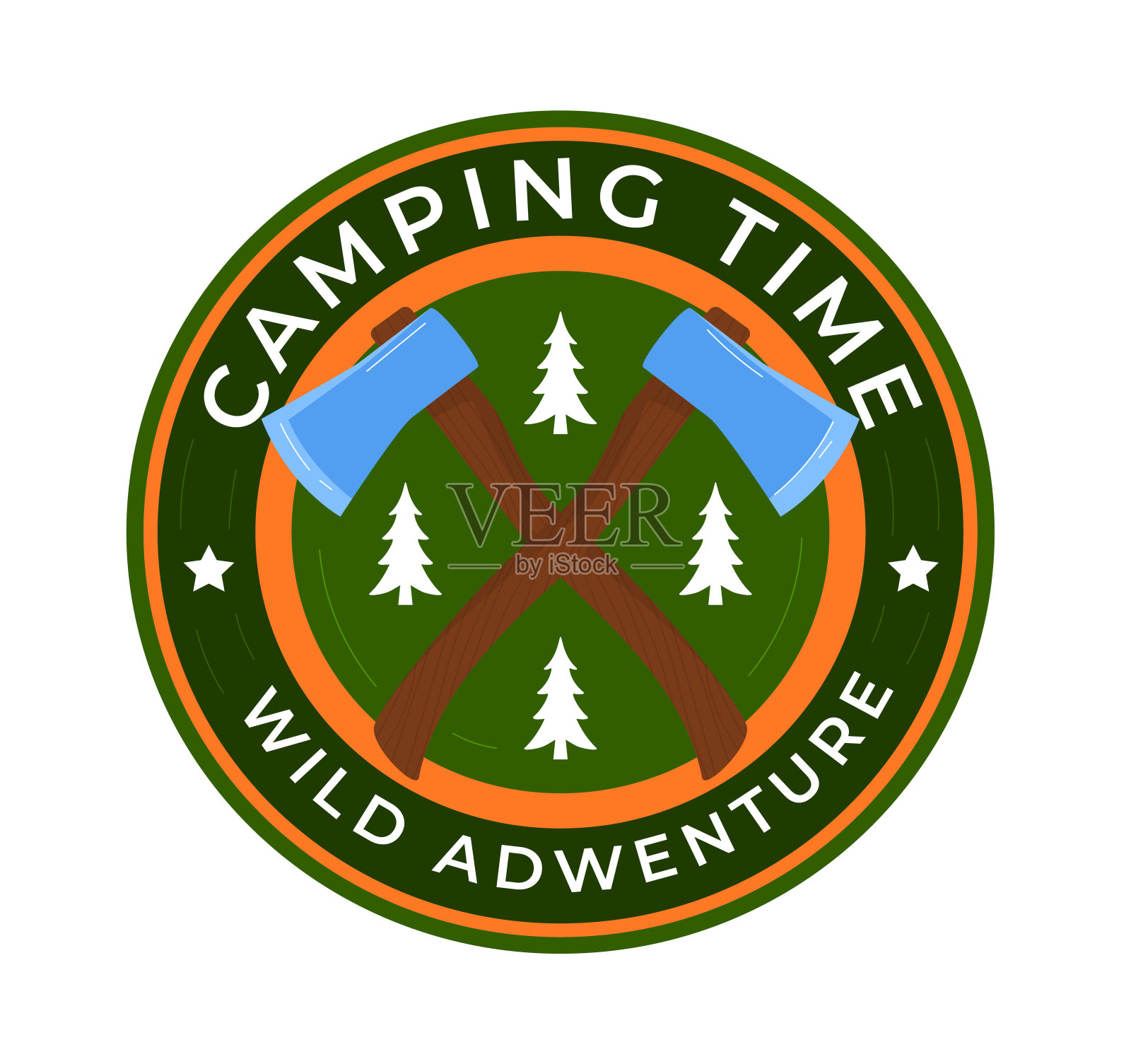 有交叉的斧头和树的露营徽章。户外标志与文字露营时间野外冒险。自然和荒野徽章矢量插图插画图片素材