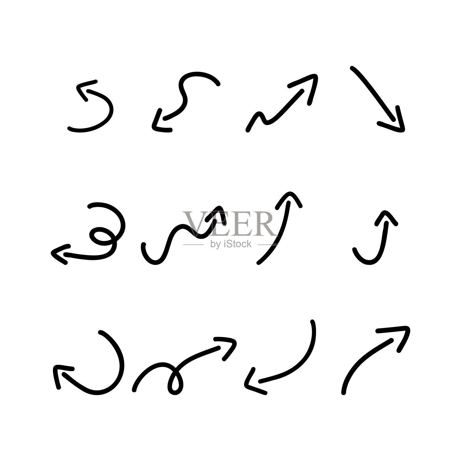 孤立的矢量手绘箭头剪影设置在一个白色的背景插画图片素材