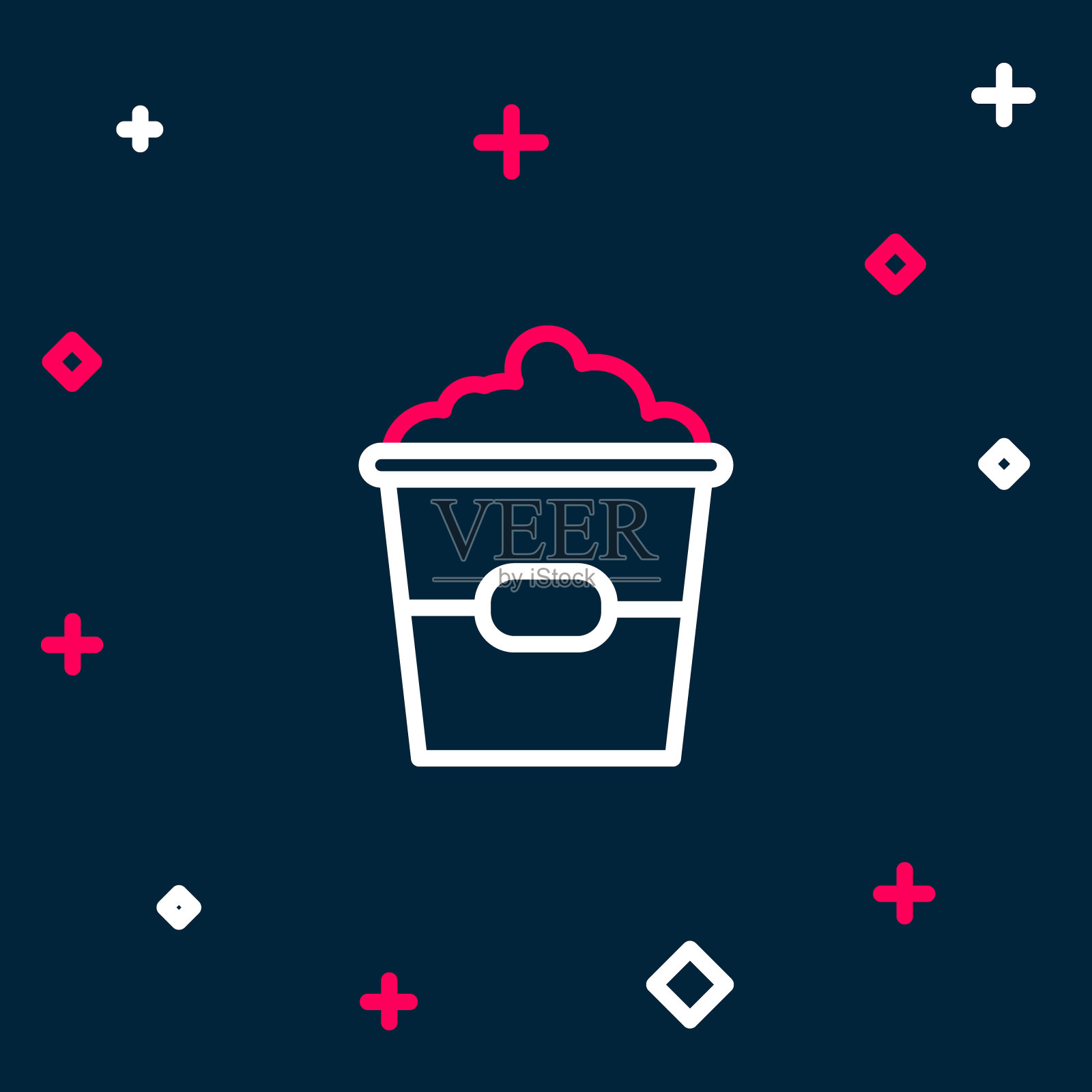 线爆米花在纸板箱图标孤立的蓝色背景。爆米花桶盒子。色彩缤纷的轮廓概念。向量插画图片素材