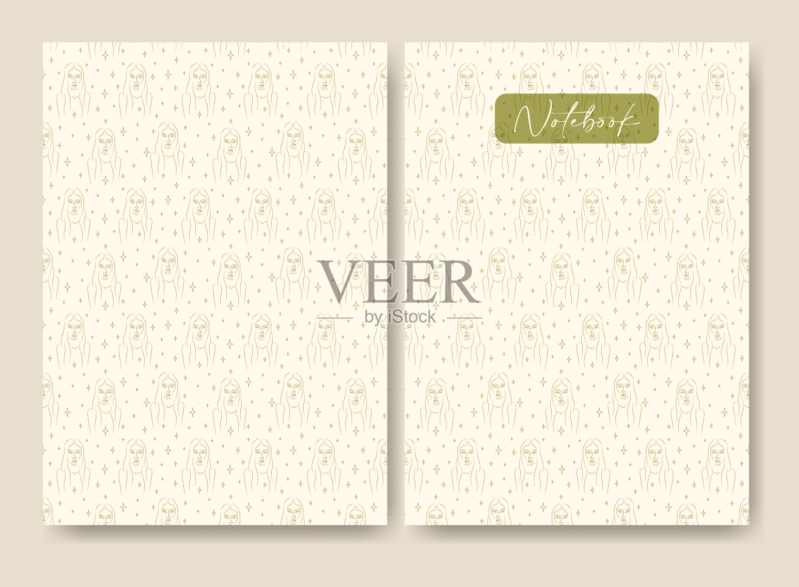 极简风格的笔记本封面设计。巫婆元素米色插图。插画图片素材