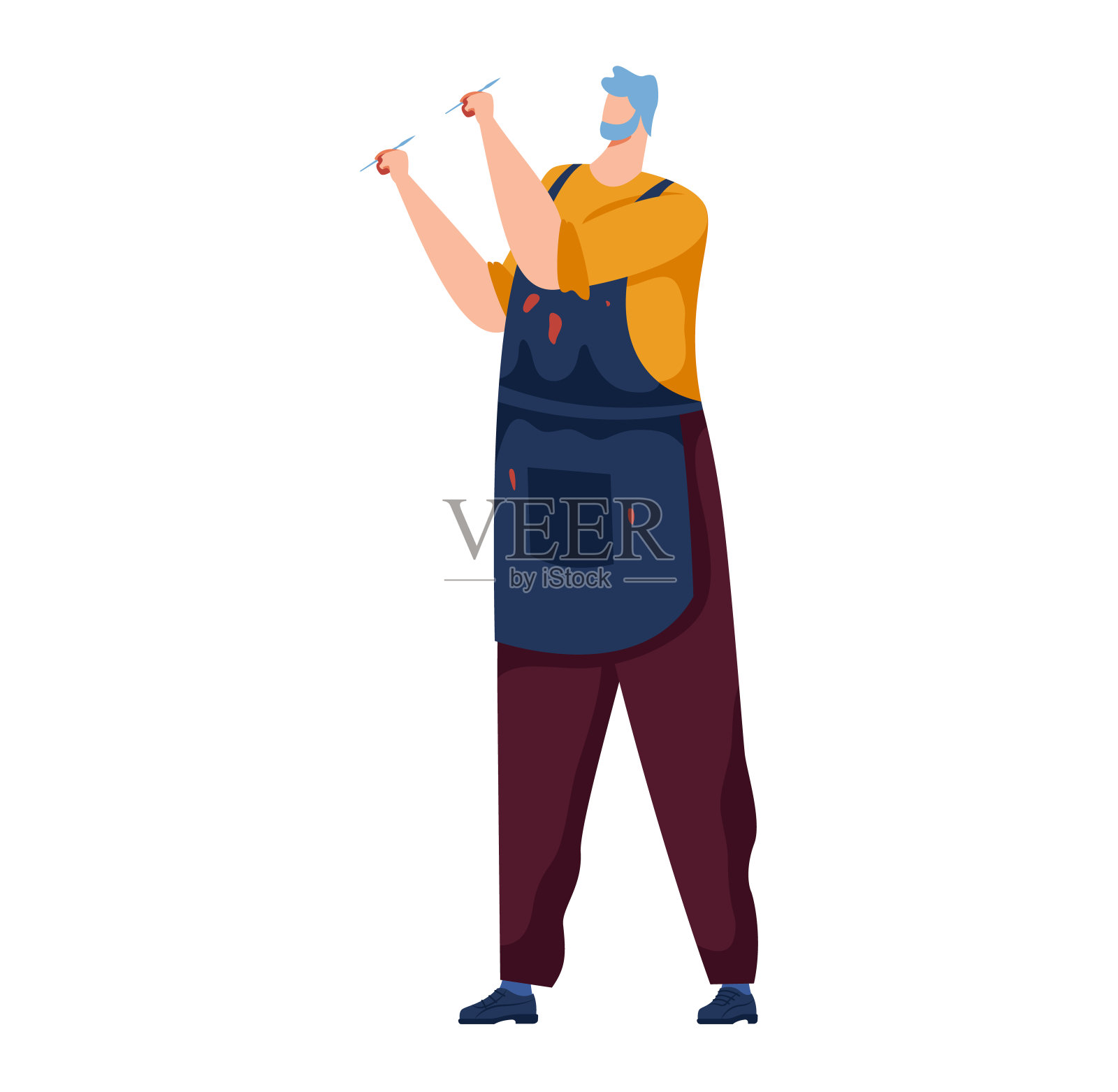 留胡子的男艺术家拿着画笔,系着围裙,抬头看。有创造力的画家准备绘画。艺术家在工作,创意和艺术概念矢量插图插画图片素材