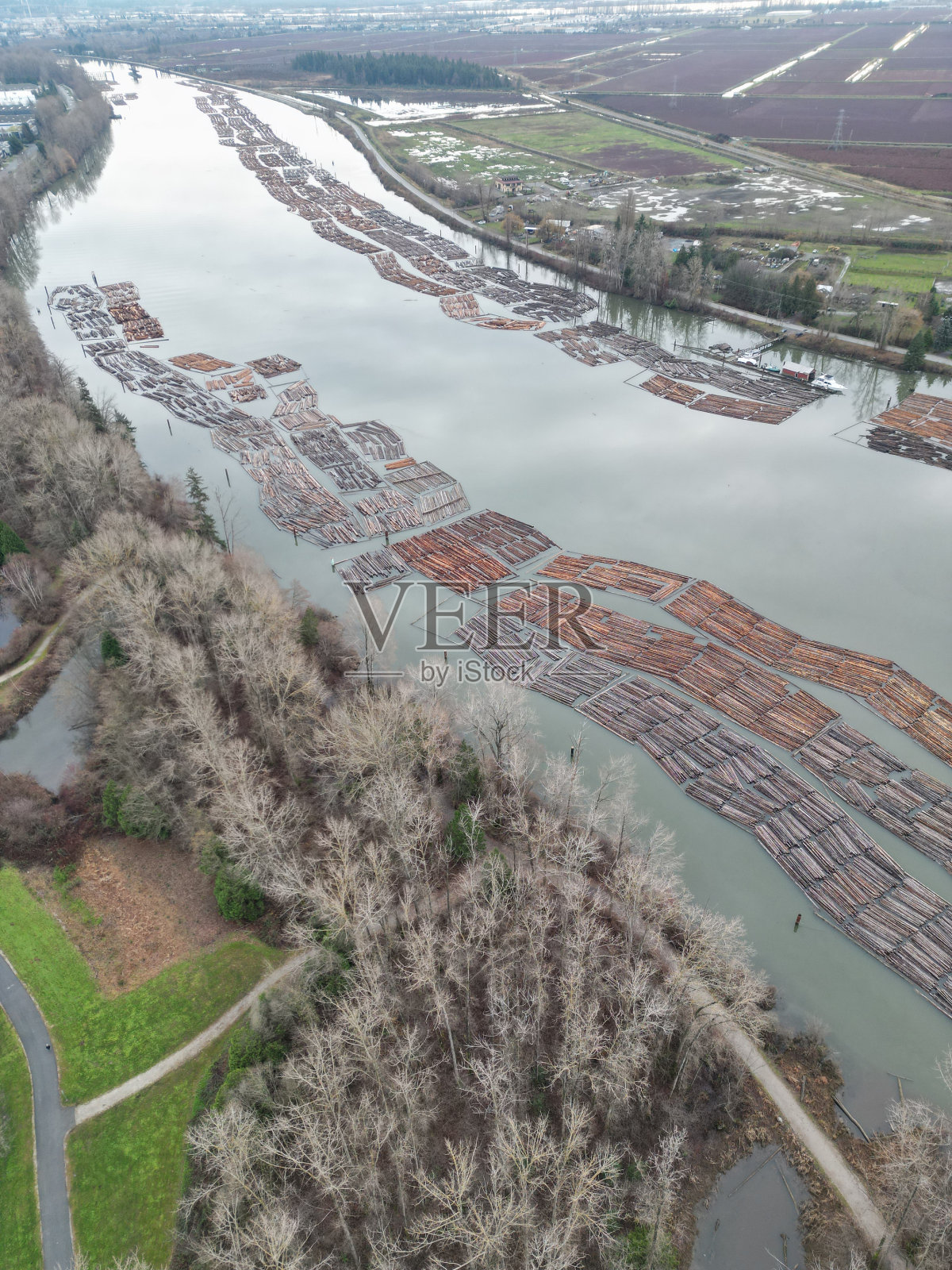 被淹的树木环绕着一条河,河上漂浮着几艘船照片摄影图片
