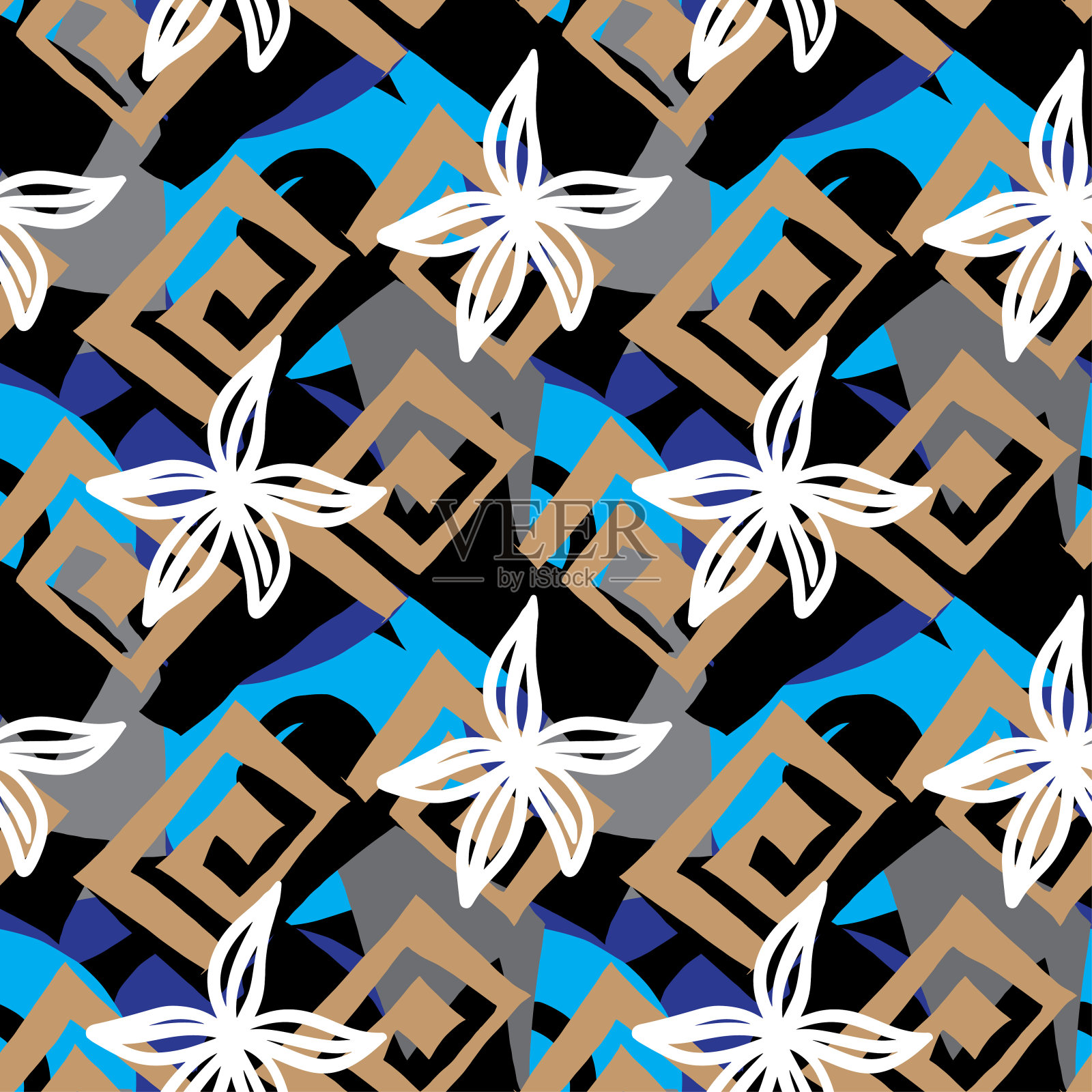 热带花卉与抽象几何形状无缝图案插画图片素材