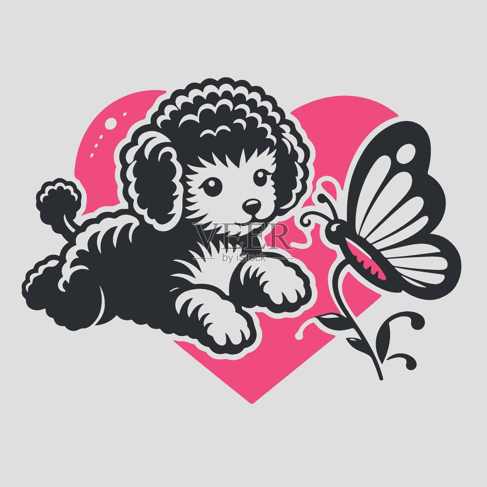 小狗与蝴蝶在心中嬉戏的互动插画图片素材