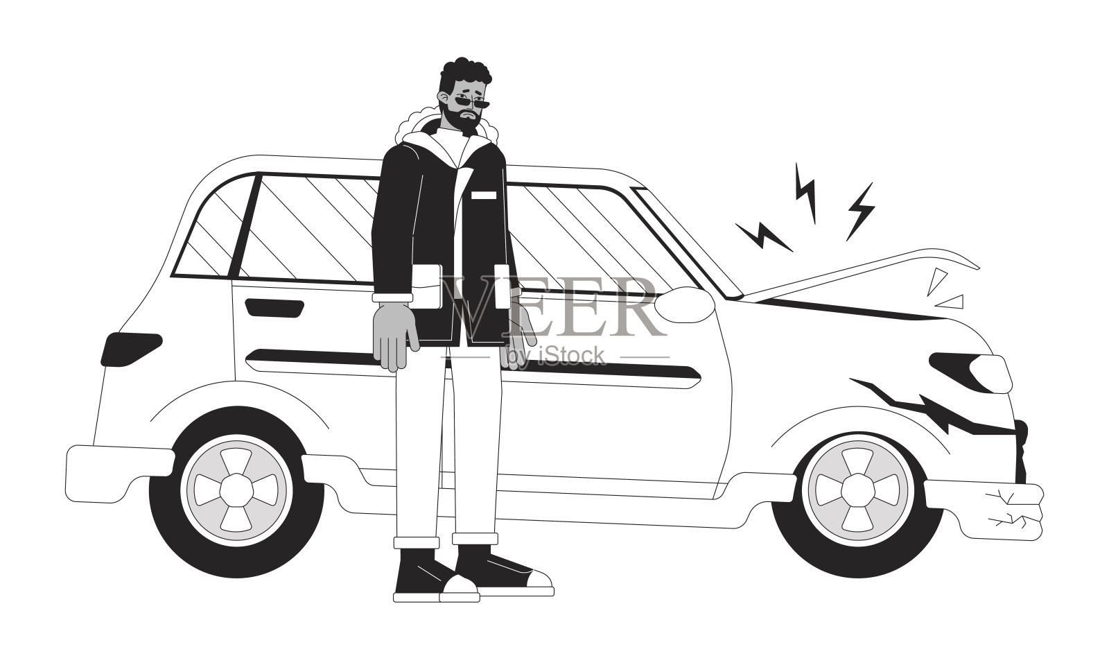苦恼的黑人靠近破损的车辆黑白2D线卡通人物插画图片素材