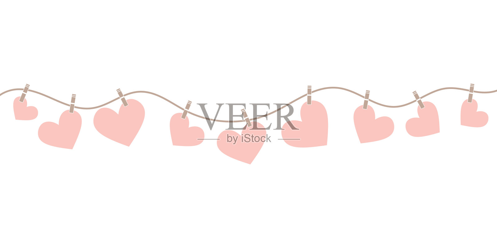 心在一根电线上,可爱的情人节装饰,矢量剪贴艺术插图,柔和的粉红色的心元素插画图片素材