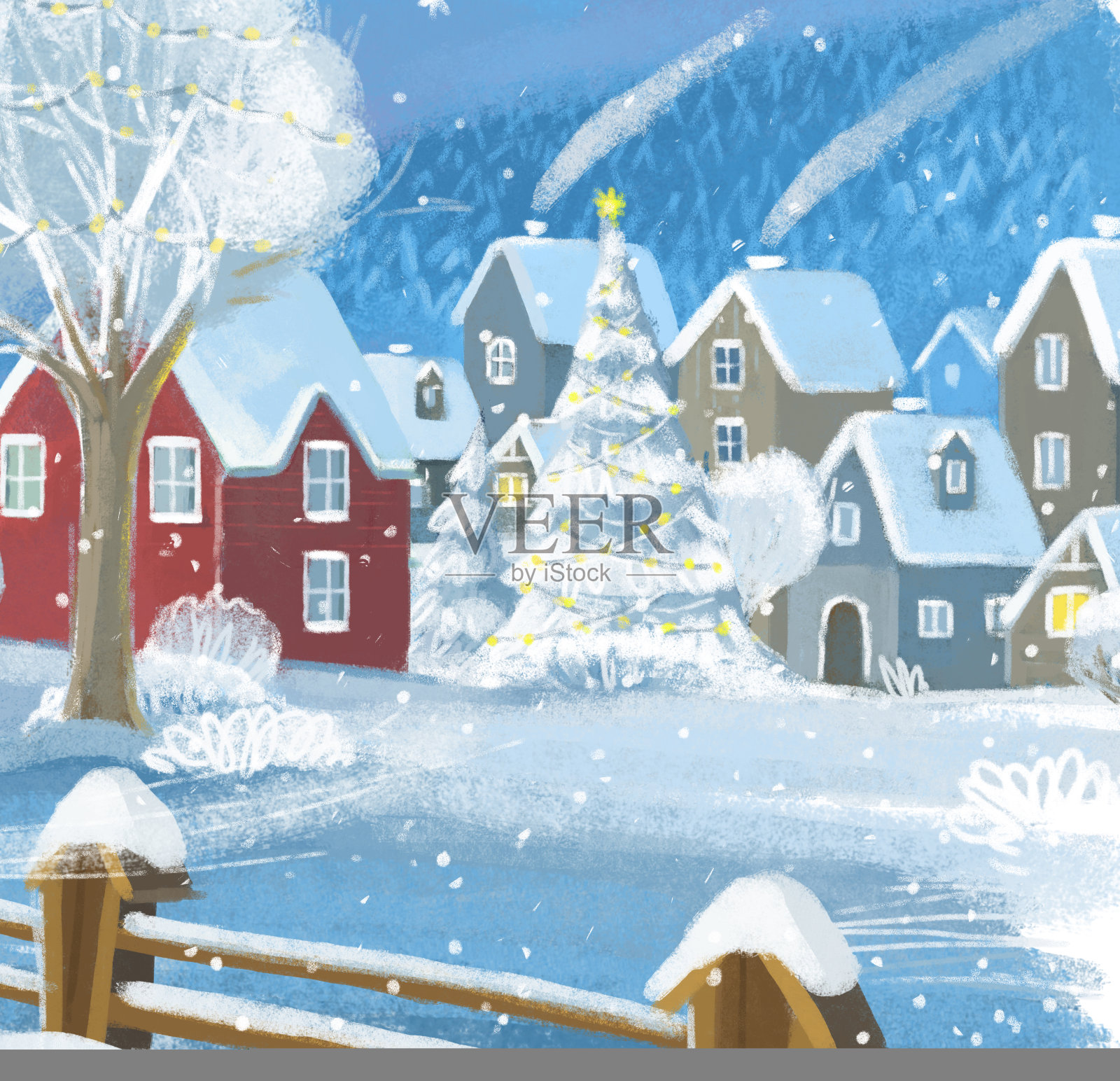 卡通圣诞场景与城市在冬天与一些孩子附近的城镇玩冬季游戏插图的孩子插画图片素材