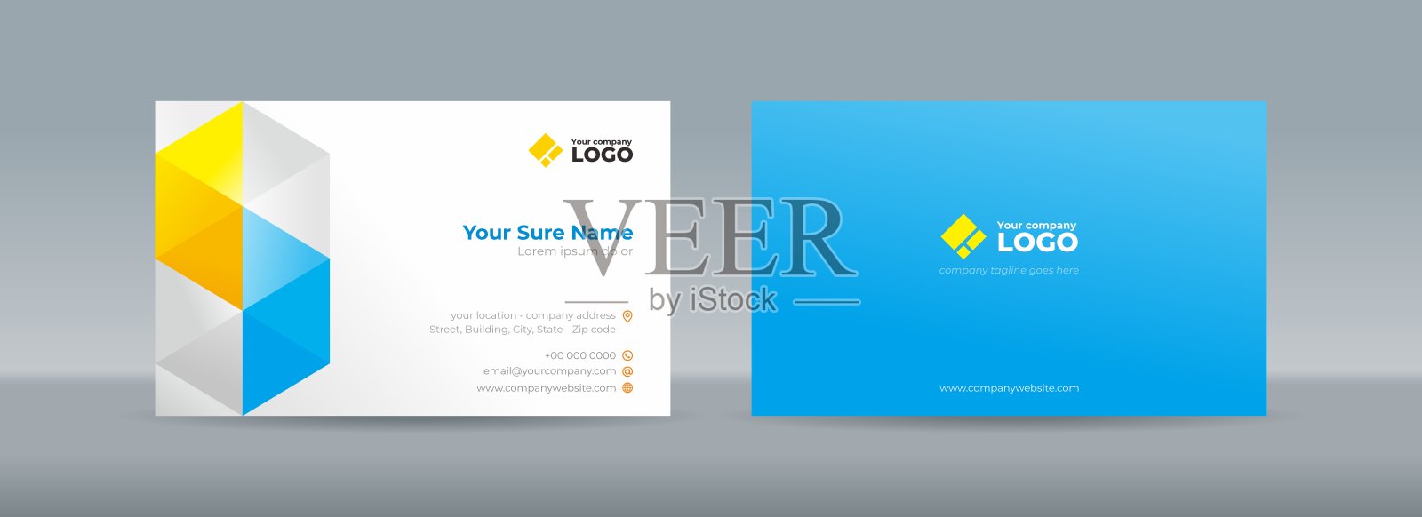 双面名片模板与蓝色和黄色三角形安排在白色背景插画图片素材
