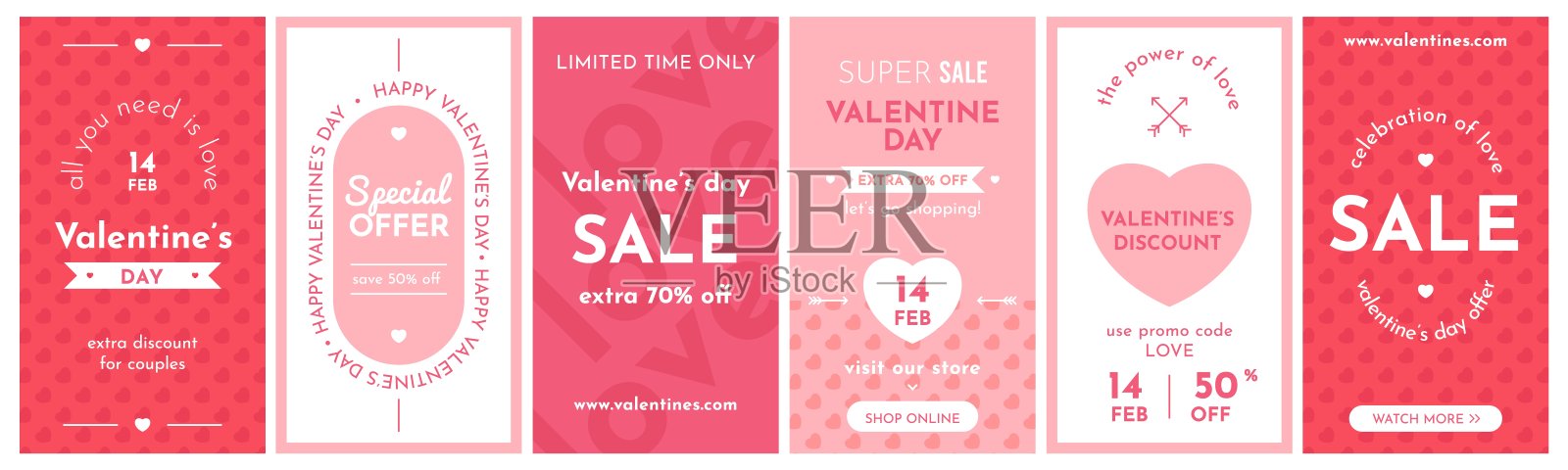 情人节促销横幅。爱情卡,假日折扣,红心,浪漫礼品券,广告购物传单,垂直背景的社交媒体故事,矢量集插画图片素材