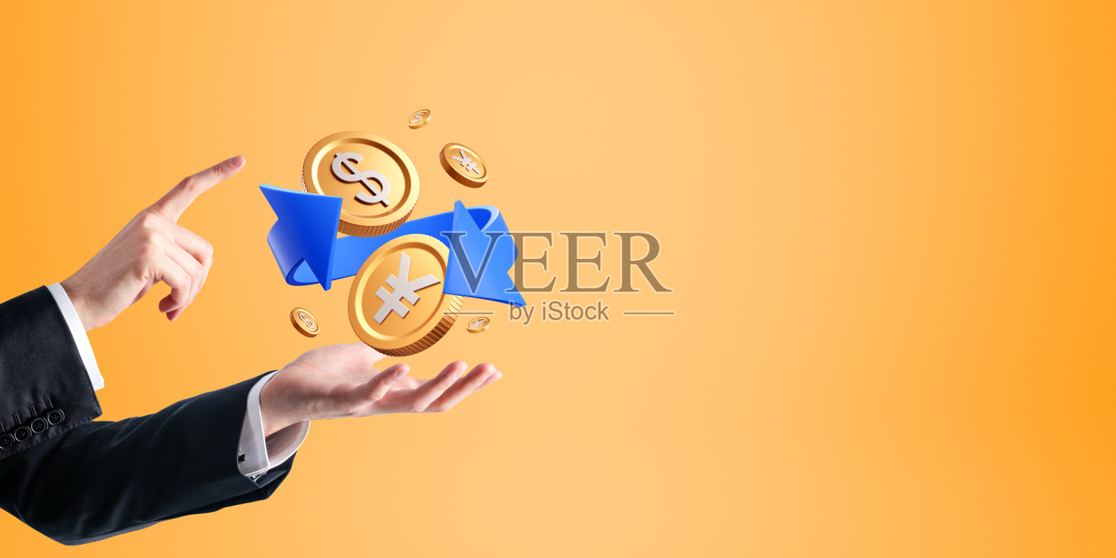 男人的手和手指与日元和美元金币在复制空间的背景照片摄影图片