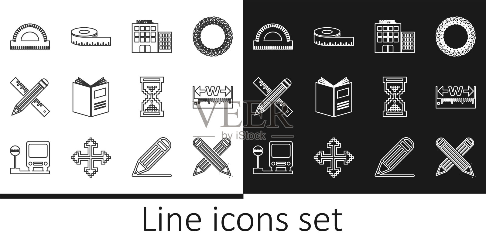 设置线交叉铅笔,测量高度和长度,酒店建筑,打开书,尺子,量角器网格,沙漏像素和卷尺测量图标。向量插画图片素材