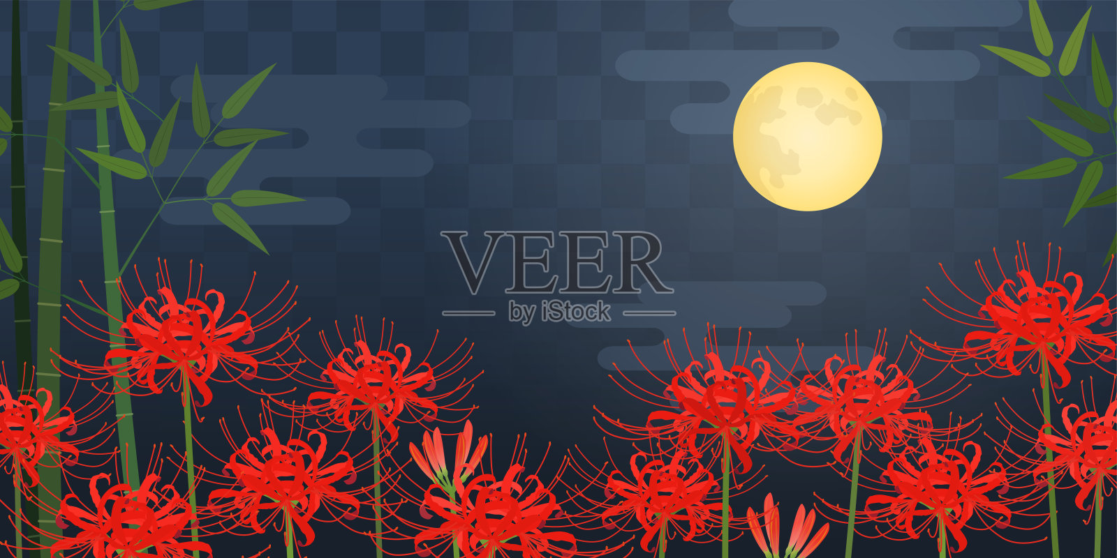 红蜘蛛百合、竹林和满月_背景_方格图案(2:1)插画图片素材