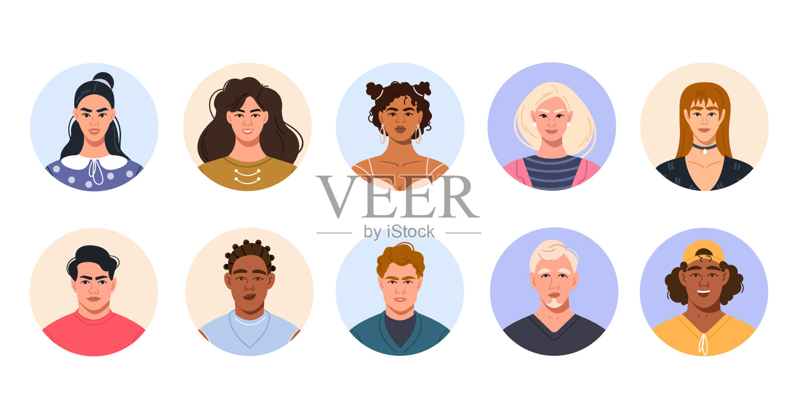 圈子里不同国籍的现代时尚人士的面孔插画图片素材