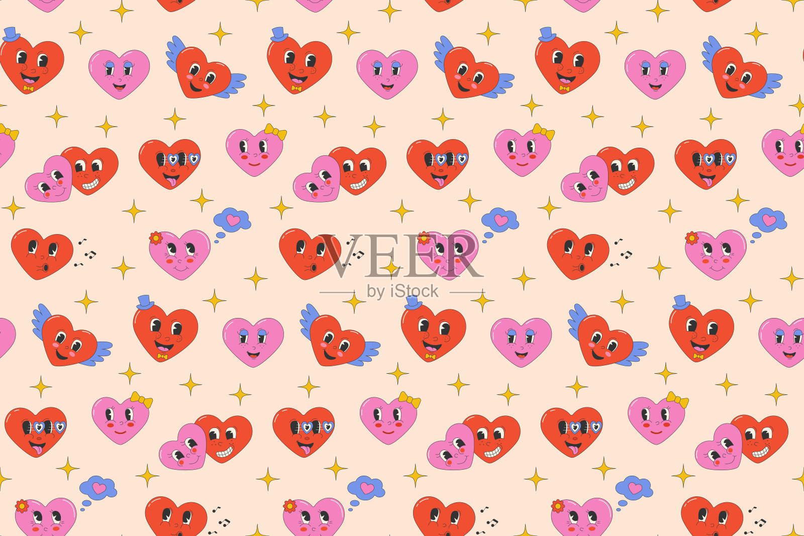 字心在groovy风格无缝图案插画图片素材