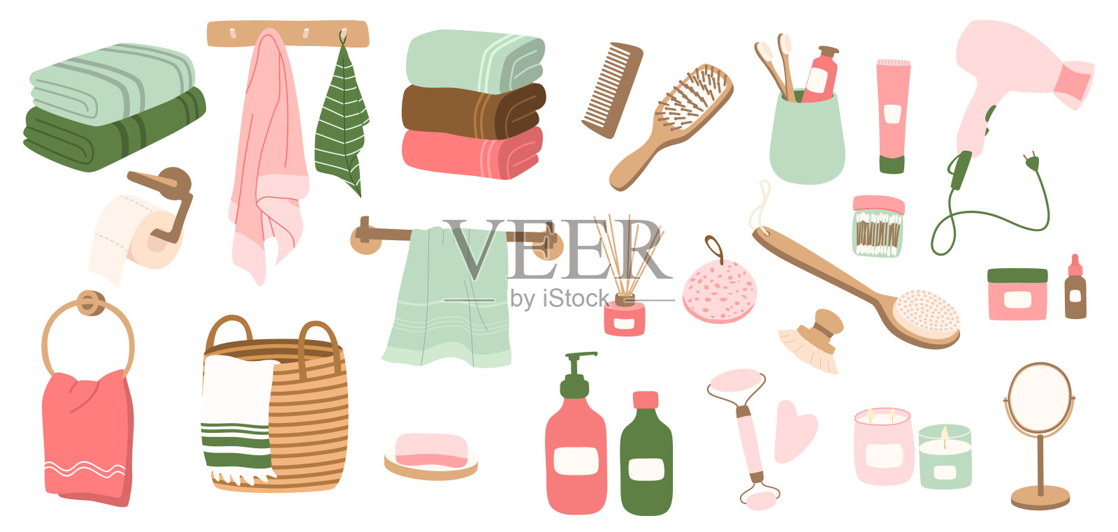 为浴室设计的物品和化妆品包。个人日常自理用品及卫生。矢量股票插图插画图片素材