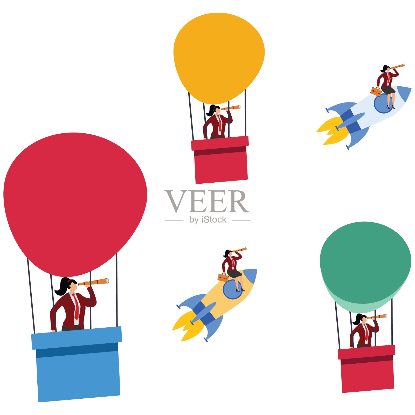 竞赛,火箭,飞行,热气球,挑战,表达积极,女商人,插画图片素材