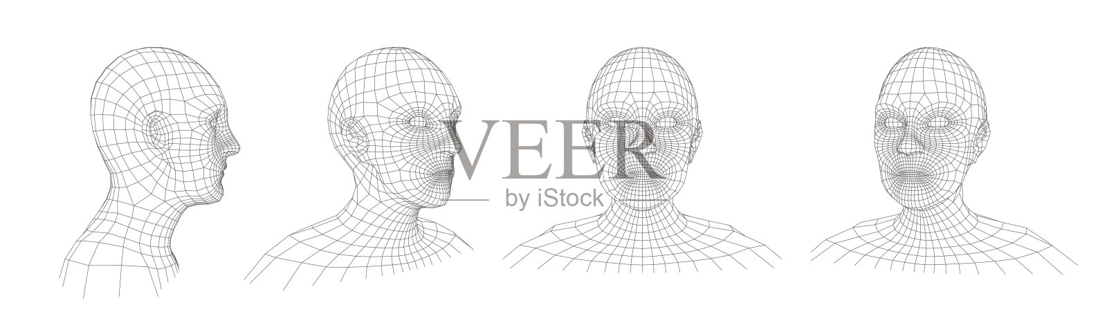线框图人的头部。复古的有线网格面,多边形矩阵人像和3D全息图头部矢量插图设置可编辑的笔画路径插画图片素材
