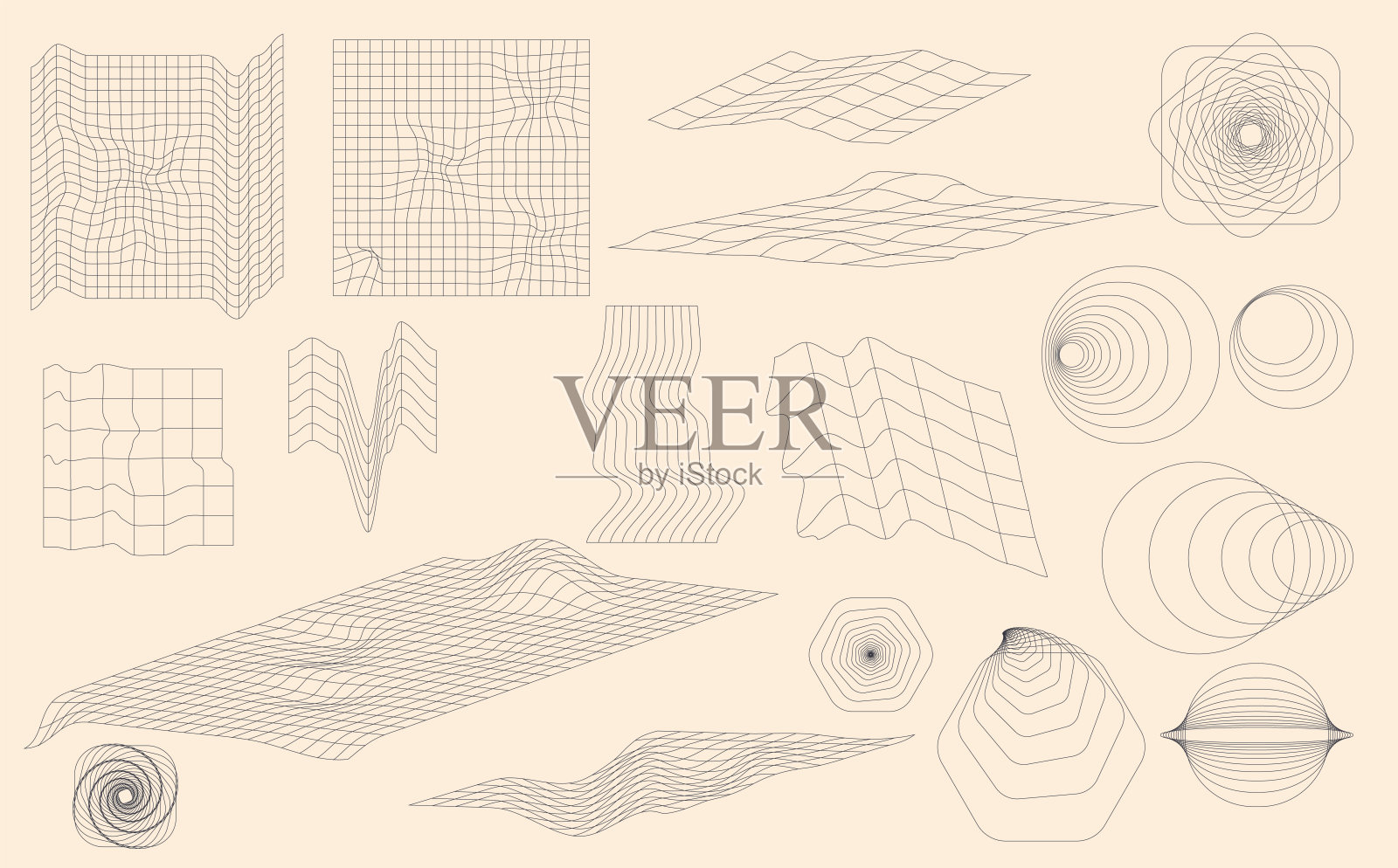 抽象元素复古未来的设置。千年虫造型系列,怀旧设计。基本图形形式。矢量图隔离示意图插画图片素材